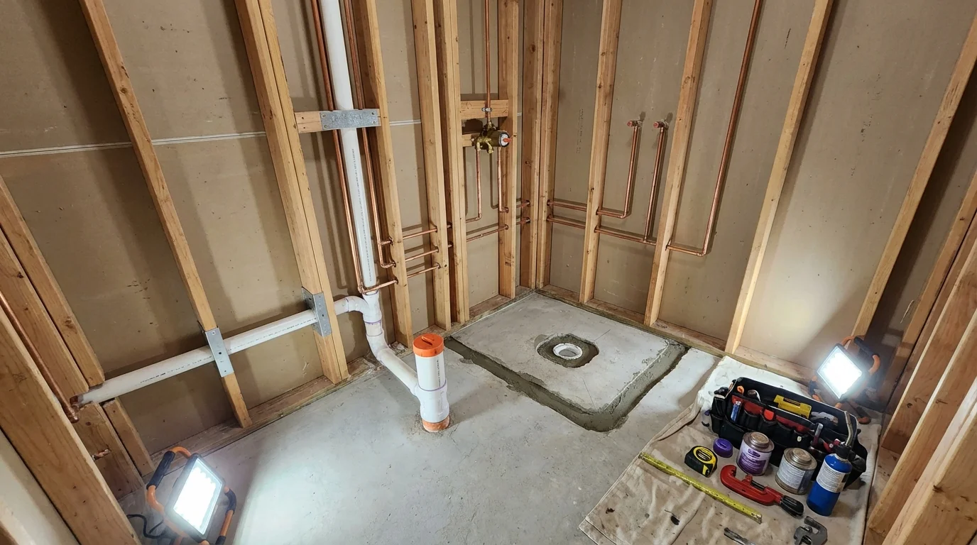 Bathroom rough-in plumbing during remodel by Johns Plumbing LLC in Morrison